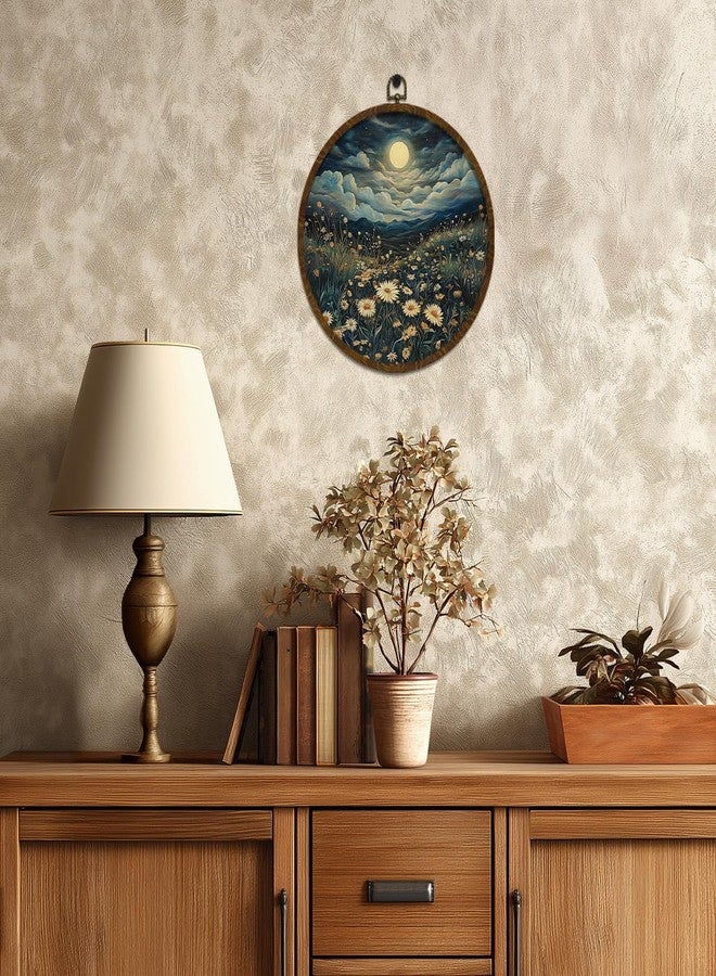 KLYTINK Moonlit Daisy Meadow Round Wall Art,10"x10" Romantic Nature Canvas Wall Hanging Decor with Frame, Rustic Night Landscape Wildflower Painting for Bedroom, Living Room, or Gift (FJ01) - Image 5